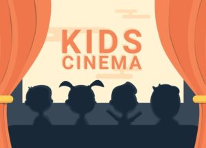 Kids cinema black and white silhouette and text