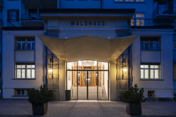 Main entrance at the Hotel Waldhaus Sils